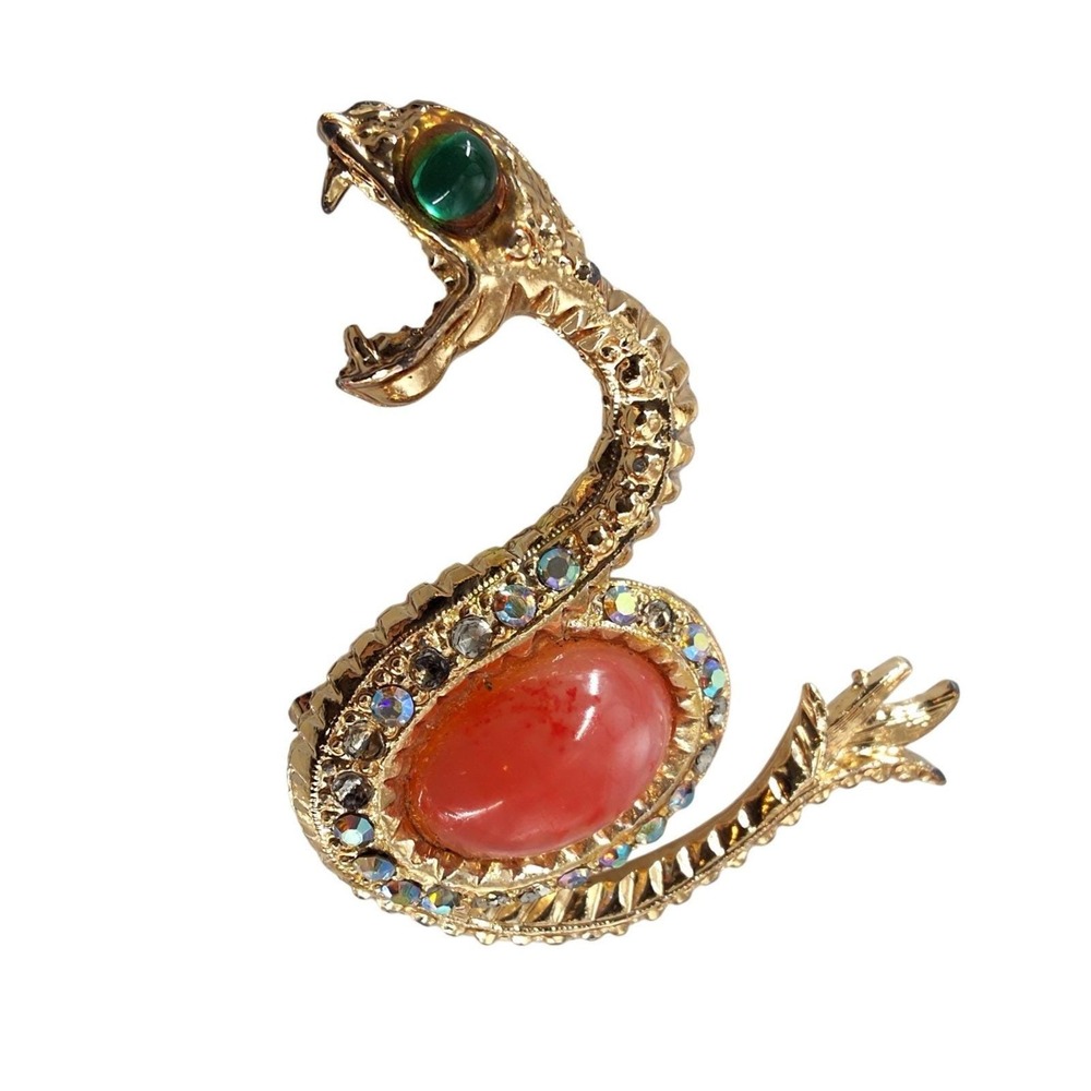 Vintage Snake Brooch Gold Tone Faux Coral Cabochon AB Rhinestone Serpent Pin